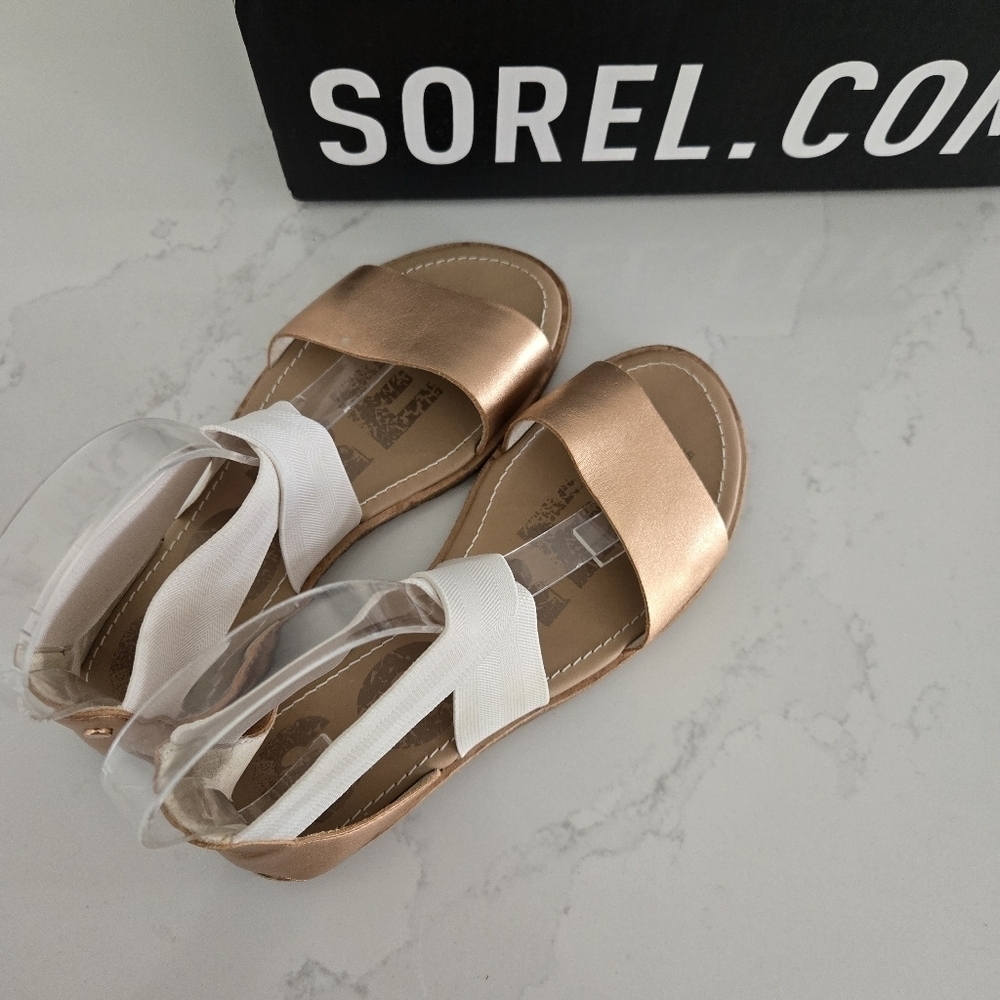 Sorel Ella Elastic Ankle Strap Gladiator Sandal Rose Gold Metallic Leather 6.5 - Picture 3 of 6